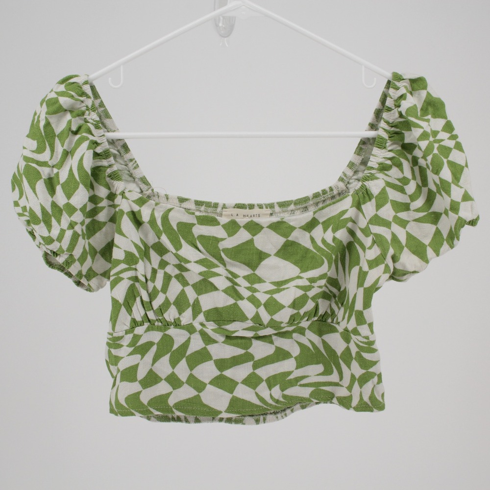 LA Hearts Women's Green Checkered Smocked Puff Sleeve Crop Top Size Small